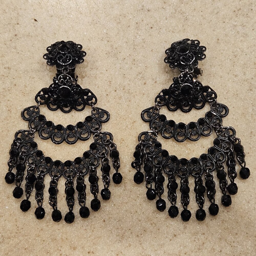 RARE VINTAGE JOSE & MARIA BARRERA BLACK CRYSTAL SILVER DROP CHANDELIER EARRINGS